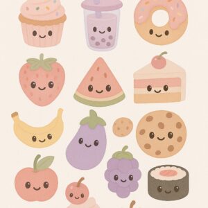 A set of aesthetic digital stickers for GoodNotes, featuring kawaii food items, pastel colors,