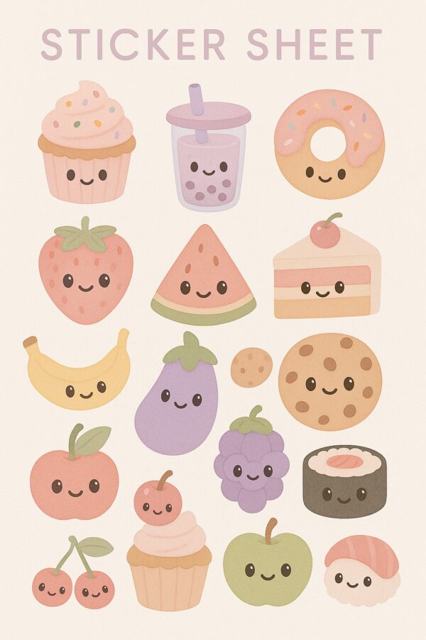 A set of aesthetic digital stickers for GoodNotes, featuring kawaii food items, pastel colors,
